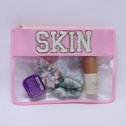 RTS TRAVEL SNACKS STUFF SMILE SKIN Clear Pouch  Clear Pvc Letter Bag Snack Travel Bag Clear Makeup Bag with Sewn on Patches
