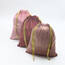 Custom Gold Logo Velvet Cosmetic Gift Packaging Drawstring Bag Luxury Soft Velvet Travel  Hair Clothes Dust Pouch