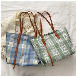 Top Sale Niche Students Canvas Bag Women Large Capacity Zipper Plaid Shoulder Tote Bag
