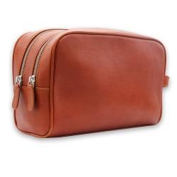 Portable travel cosmetic bag for men custom premium genuine leather makeup bag organizer with double zipper