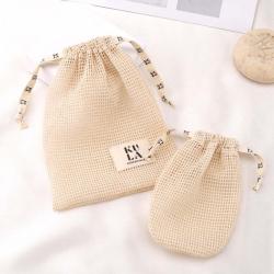 Custom Label Logo Printed Natural Cotton Mesh Soap Bag Organic  Drawstring Soap Pouch For Gift