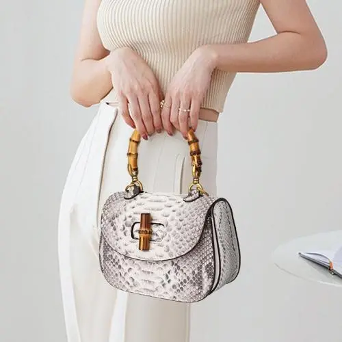 Custom Luxury Exotic Small Genuine Snakeskin Snake Skin Leather Women Bamboo Handle Shoulder Crossbody Bags Purses Handbags