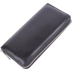 Custom Black Long Zipper Purses for Men Litchi Genuine Leather Wallet Women