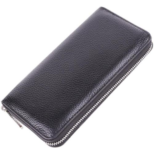 Custom Black Long Zipper Purses for Men Litchi Genuine Leather Wallet Women