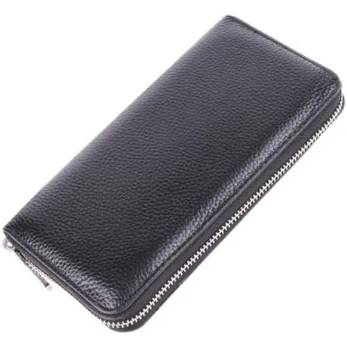 Custom Black Long Zipper Purses for Men Litchi Genuine Leather Wallet Women