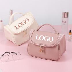 custom logo double zipper beauty case travel cosmetic bags pink pu leather make up organiser bag high quality makeup bag