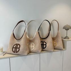 Large capacity tote bag female 2024 new tide retro handbag straw bag fashion shoulder collision colour splicing woven bag