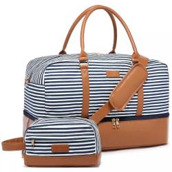 Realer Fashion stripes style 2pcs/set PU Canvas Overnight Duffel Bag with Shoe Compartment Waterproof Luggage Duffle Travel Bags