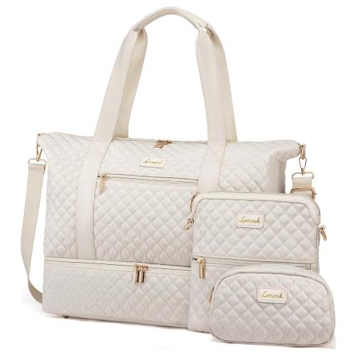 LOVEVOOK Waterproof Quilted 3pcs Overnight Duffle Bag & Wet pocket Gym Duffel handbag with Toiletry Bag Women Travel Duffel Bag