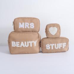Keymay Embroidered Pearl Letter Patch Cute Toiletry Bag Waterproof Pouch Zipper Nylon Makeup Bags Travel Cosmetic Bag