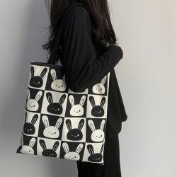 Cute Rabbit New Canvas Bag Women's Shoulder Large Capacity Student School Bag Handbag Zipper Japanese Korean Style Tote Bag