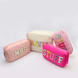 New Products Wholesale Toiletry Bags Letter Sew On Zipper Pouch Bag Cosmetic Nylon Custom Makeup Bag