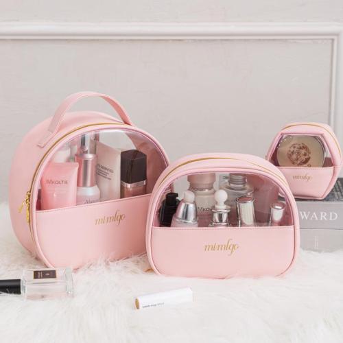 Luxury Travel Toiletry Pvc Pu Leather Would Handles Waterproof Large-Capacity Transparent Cosmetic Bags For Makeup Artist