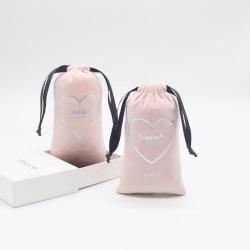 Custom Silver Logo Drawstring Velvet Dust Jewelry Pouch Bag Pink Cosmetic Makeup Gift Packaging Velvet Bag