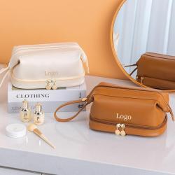 Custom Logo Double Layer Make up Pouch pu leather soft travel organizer beige cosmetic bag