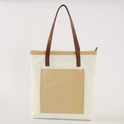 Custom Low MOQ Beige With Inner Pockets High Quality Zipper Long Handle Premium Work Large College Canvas and Leather Bags
