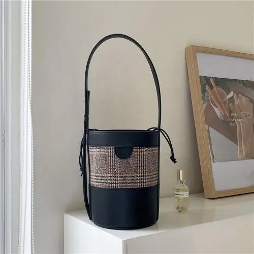 New Style Design Stitching Canvas PU Leather Handbag Retro Hand Bags Ladies Luxury Shoulder Bucket Bag