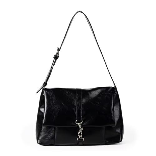 Classic Black Square Bag Large Capacity Soft PU Leather Shoulder Bag Metal Lock Closure Flap Women's Messenger Bag