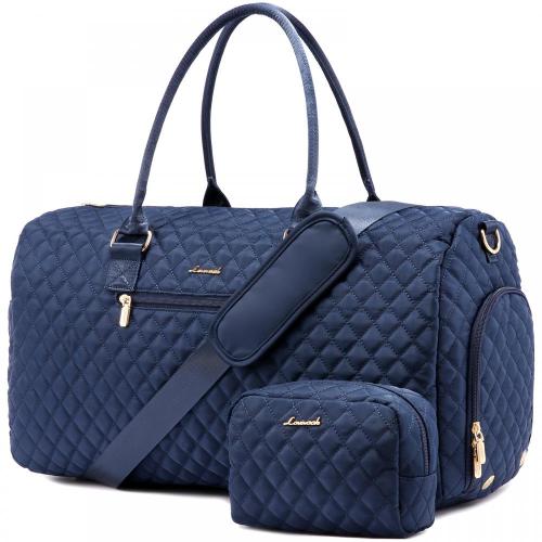 LOVEVOOK Quilted Canvas Weekender Duffle Carry Bags Overnight Travel Handbag Shoulder Tote Bag Trolley Handle Luggage Duffel Bag