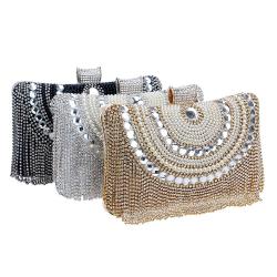 New Fashion Woman Evening Handbag Soft Handle Diamond Smash Tassel Dinner Bag Mental Synthetic Leather Elegent Dress Pillow Bag