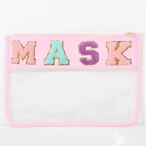 Keymay stock portable clutch makeup bag flat bag Glitter letter patch PVC transparent clear cosmetic bag