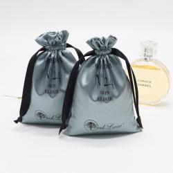 Custom Logo Printed Luxury Gray Satin Pouch Eco-Friendly Drawstring Gift Bag Hair Silk Jewelry Perfume-Customizable Cosmetic