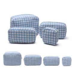 Keymay Custom Logo Cosmetic Bag Portable Travel Organizer Zipper Pouches Women Tweed Plaid Toiletry Makeup Bags Checkered