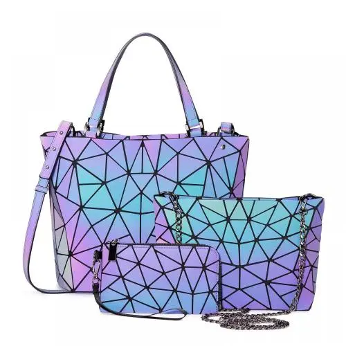 Designer 3pcs Luminous Geometric Bag Holographic Reflective Crossbody Shoulder Bag Tote Clutch Purse HandBag Sets for Ladies