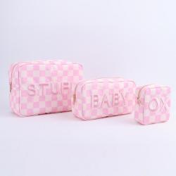 Keymay Stock No MOQ Pink Checkered STUFF Embroidery Large Cosmetic Bags Organizer Waterproof Travel Toiletry Bag for Women