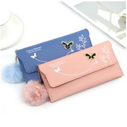 Fashionable  Women Long Wallets Pure Color Wool Ball Bow Clutch Bag Women's Long Bag Card Bag Coin Purse