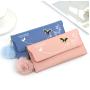 Fashionable  Women Long Wallets Pure Color Wool Ball Bow Clutch Bag Women's Long Bag Card Bag Coin Purse