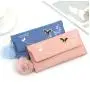 Fashionable  Women Long Wallets Pure Color Wool Ball Bow Clutch Bag Women's Long Bag Card Bag Coin Purse