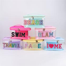Keymay Fast Shipping Personalized Chenille Letter Patches Waterproof Portable Large Makeup Bag Pvc Cosmetic Bag Makeup Organizer