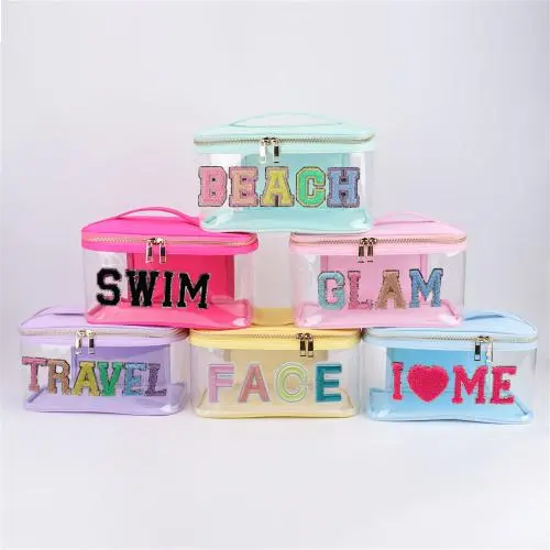 Keymay Fast Shipping Personalized Chenille Letter Patches Waterproof Portable Large Makeup Bag Pvc Cosmetic Bag Makeup Organizer