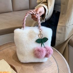 New Fashion Woman Cherry Plush Handbag Bolsos Soft Girls Cute Pure Color Chain Bag Magnetic Button Cross-body Bucket Type Bags