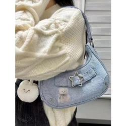 HR281 New Spicy Girl Underarm Bag Popular PU Leather Personalized Star Buckle One Shoulder Women's Bag Blue Denim Cloth Bag