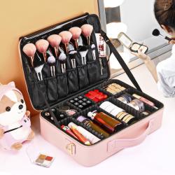 Multi-functional Female Pink PU Makeup Bag Tool Organizer Cosmetic Bag Brush Holder Blank Makeup Brush Packaging Bag Box Plain