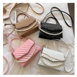 Pearl Chain Ladies Handbags Women Bag Pure Color Pu Women Shoulder Bag Diamond Lattice Fashion Women Bags JY220820