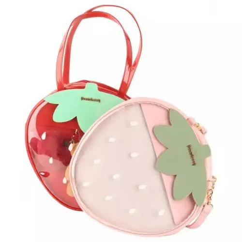 Strawberry shape custom ita bag with clear PVC window Pu leather lady girls ita shoulder bags