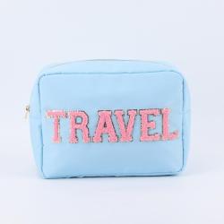 Keymay Wholesale  Embroidered Letter Patches Makeup Cosmetic Organizer Travel Nylon Zipper Waterproof Girls Custom Cosmetic Bag
