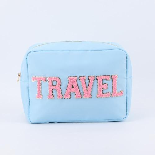 Keymay Wholesale  Embroidered Letter Patches Makeup Cosmetic Organizer Travel Nylon Zipper Waterproof Girls Custom Cosmetic Bag