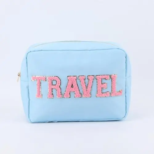 Keymay Wholesale  Embroidered Letter Patches Makeup Cosmetic Organizer Travel Nylon Zipper Waterproof Girls Custom Cosmetic Bag