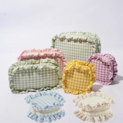 Personalized Logo Basic X-Large Pink Green Beige Ruffled Travel Makeup Pouches Gingham Pouch Bag Ruffle Cosmetic Toiletry Bag