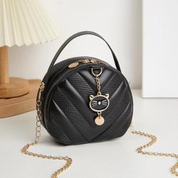 Embroidered Small Round Bag 2024 Pu Leather Zipper Women ChainBag Casual Mobile Phone Women's Fashion Shoulder Crossbody Bag