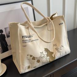 Custom Cute  Cat Printed Letters Canvas shoulder Bag student girl schoolbag Large Capacity canvas tote bag