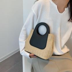 ZWY344 New Fashion Women Woven Handbag Colorblocking Elegant PU Handle Shopping Beach Bag Wholesale Daily Open Straw Bag