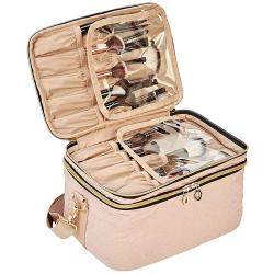 Double Layer Travel Makeup Bag with Strap Large Cosmetic Case Organizer Fits Bottles Vertically