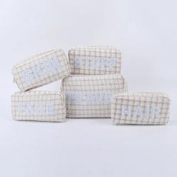 Keymay RTS Stock Multi-color Embroidery Personalized Pearl Letter Patches Women's Makeup Bag Tweed Cosmetic Pouch Tweed Bag
