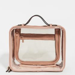 Custom Pink Double Zippers Leather Cosmetic Train Case With PVC Pocket Large Clear Cosmetic Cases for Travel