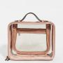 Custom Pink Double Zippers Leather Cosmetic Train Case With PVC Pocket Large Clear Cosmetic Cases for Travel